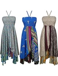 Wholesale Lot Of 3 Pcs Womens Sundress Recycled Silk Sari Vintage Two Layer Free Spirited Halter Dress