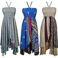 Wholesale Lot Of 3 Pcs Womens Sundress Recycled Silk Sari Vintage Two Layer Free Spirited Halter Dress