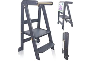 UUOEEBB Foldable Toddler Kitchen Tower Step Stool, Standing Tower with Whiteboard, Toddler Kitchen Stool Helper with 3 Adjustable Height, Step Stool for Kids 1-6 Years, Grey