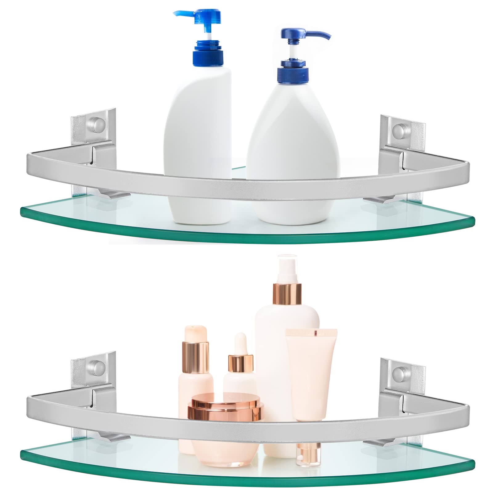 Skelang 2Pcs Bathroom Shower Caddy with Rail, Wall Mounted 240x240mm Shampoo Holder Organizer with 8 Brackets, 8mm Thick Tempered Glass Corner Shelf for Kitchen, Living Room, Bedroom