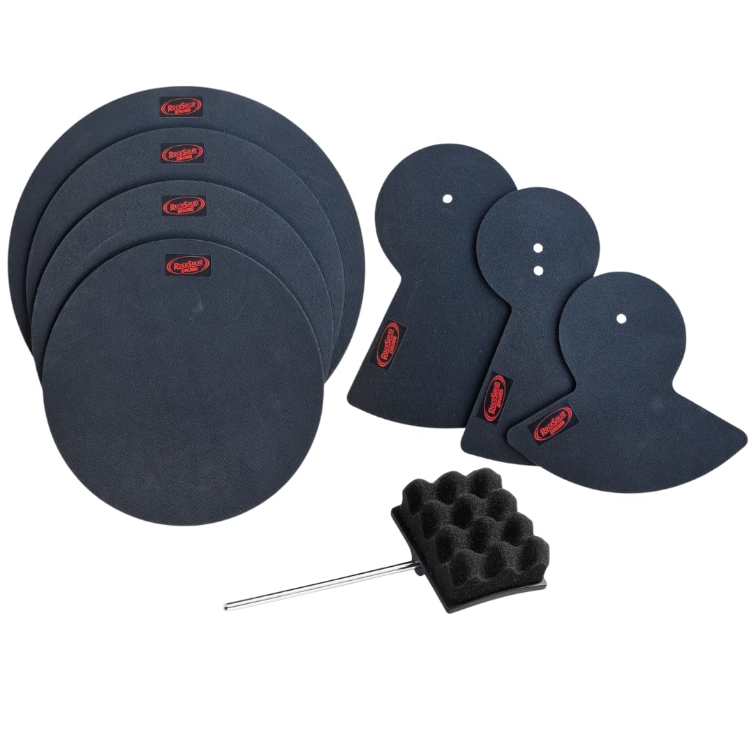 RockSolid 8 x ROCK Set Drum Practice Pads - PROFESSIONAL LEVEL - Drum Silencer Pads Kit – Includes Exclusive Bass Beater