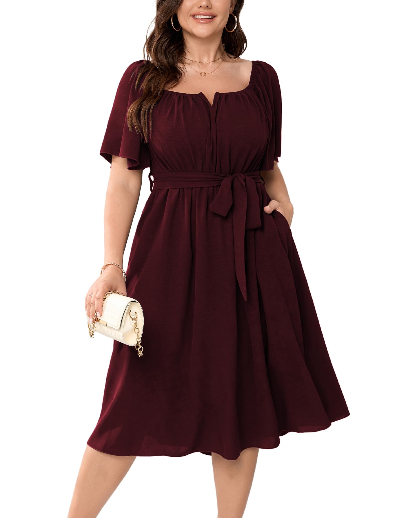 Photo 1 of HICISI Women Plus Size Cocktail Dress Short Sleeve Square Neck Belted Elegant Flowy A Line Midi Dresses with Pockets Burgundy