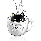 UYBNRK Black Cat and Moon Silver Pendant Necklace for Women - Cat Lover Jewelry Gift for Birthday Party