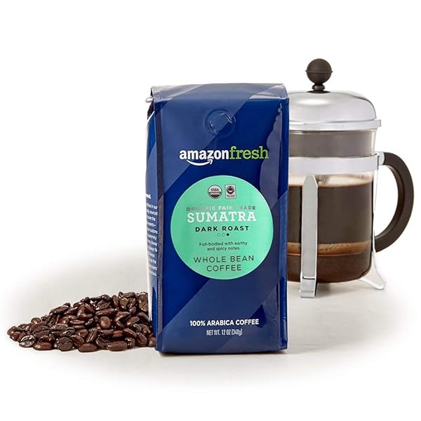 AMAZON FRESH, ORGANIC FAIR TRADE SUMATRA WHOLE BEAN COFFEE, DARK ROAST, 12 OZ
