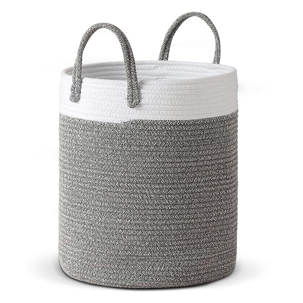 Cotton Rope Woven Laundry Basket with Handles - Large Laundry Hamper with 48L Capacity - Spacious, Durable, and Chic Storage Solution for Home - Ideal for Clothes, Toys, and More (Off-White Grey)