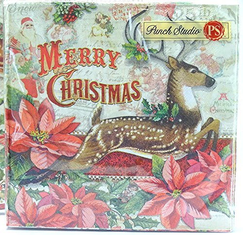 40 Ct Punch Studio Leaping Reindeer Christmas Luncheon Napkins, Victorian Holiday Deer Stag