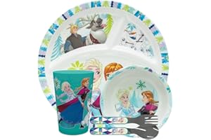 Zak Designs Disney Frozen Movie Kids Dinnerware Set Includes Divided Plate, Bowl, Tumbler and Utensil Tableware, Made of Durable Material and Perfect for Kids (Elsa & Anna, 5 Piece Set, BPA-Free)