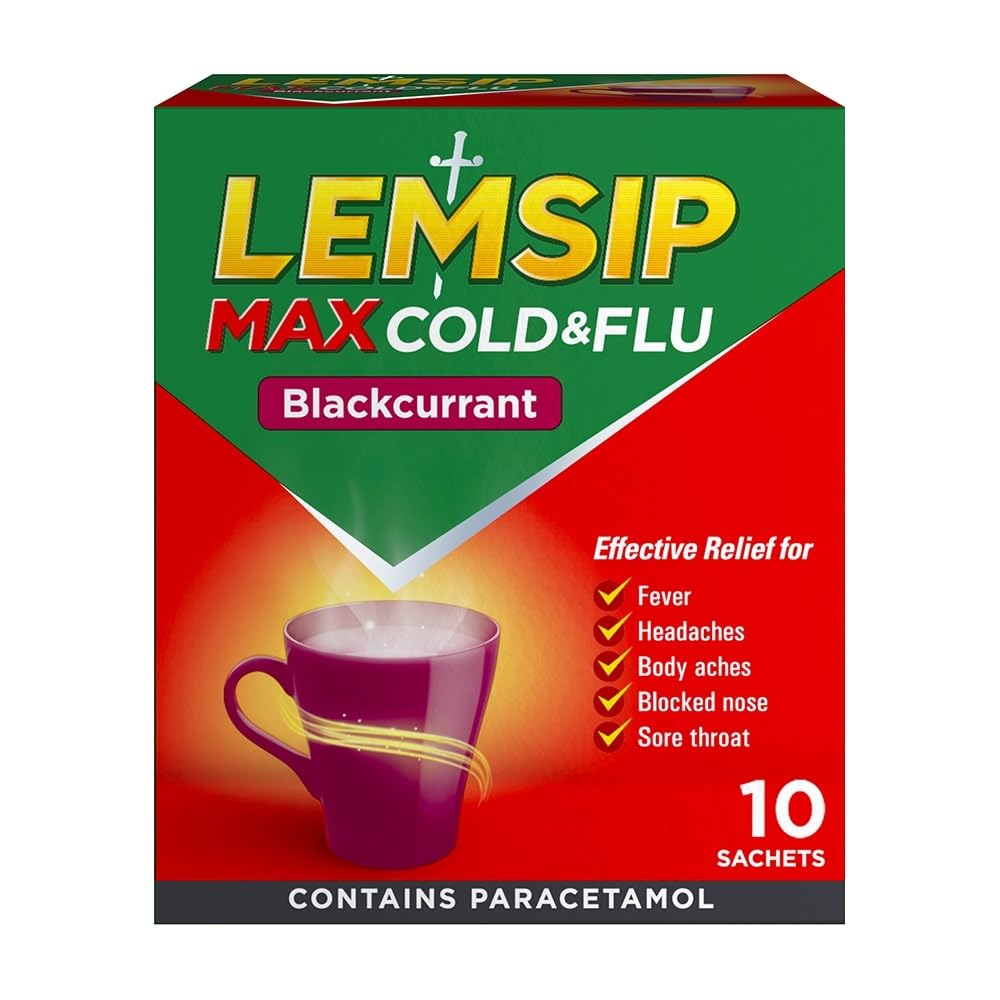 Lemsip Max Cold And Flu Sachets, Blackcurrant, 10 Total, Paracetamol, Cold And Flu, Headache, Blocked Nose Relief, Sore Throat, Reduces Fever, Pain Relief, Full Relief, Cold And Flu, Medication