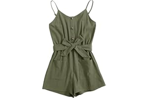 GAMISOTE Girls Romper Strappy Sleeveless Button Tie Front Jumpsuit With Pockets