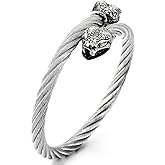 COOLSTEELANDBEYOND Mens Snake Bangle Stainless Steel Twisted Cable Cuff Bracelet Silver Color with Cubic Zirconia