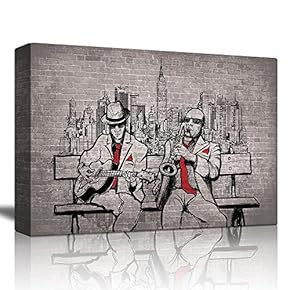 Two Men Playing Instruments on a Bench Looking Over The City with a Brick Background - Canvas Art Home Art - 12x18 inches