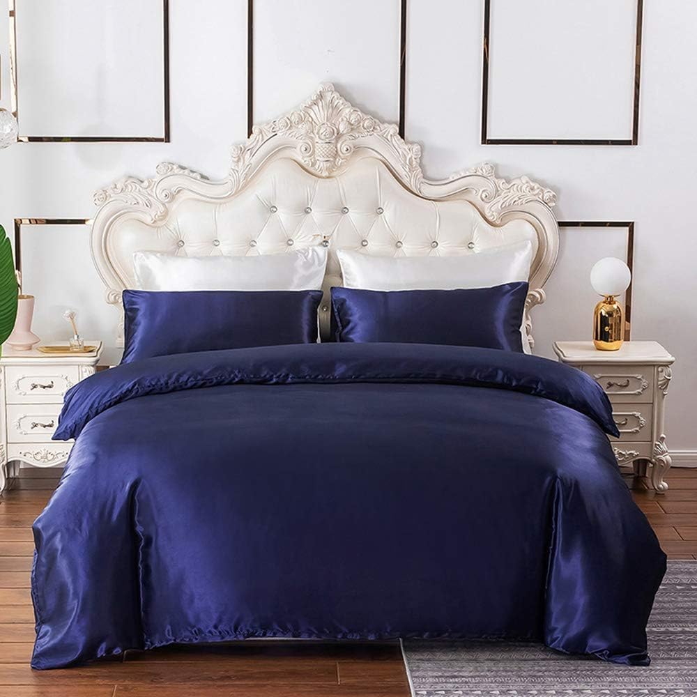 Navy Bedding Single Silk Like Satin Duvet Cover Set Dark Blue Silky Comforter Cover Soft Honeymoon Hotel Bedding Collection For Adult Bedroom Decorative,1 Pillow Sham,Zipper,Lightweight Brushed,Single