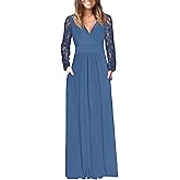 AUSELILY Womens Long Sleeve Maxi Dress 2026 Fall Lace Long Sleeve Dress V Neck Wrap Waist Long Dresses with Pockets