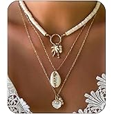 Asphinien Bohemian Surfer Heishi Bead Layered Choker Necklace with Shell Conch Sea Turtle Charm Pendant Hawaii Holiday Beach Wedding Starfish Long Necklaces Set for Women and Girls