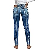 Flamingals Mid Waist Skinny Jeans for Women Butt Lifting Slim Fit Button Side Stitch Detail Trendy Denim Jeans