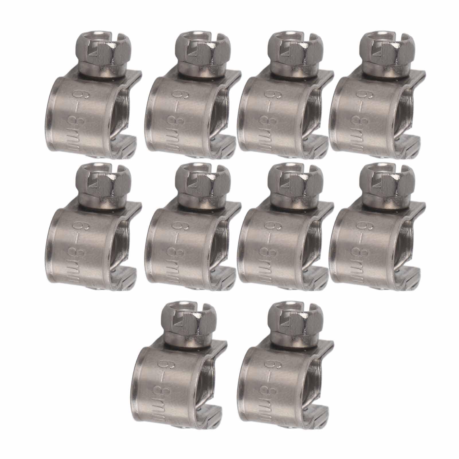 Hose Clamp Clips, Fydun 10pcs Stainless Steel Mini Fuel Line Pipe Hose Clamp Clip Optional Size for Thin Wall Hose in Small Sizes Such as Air Hose, Water Pipe (6-8MM)