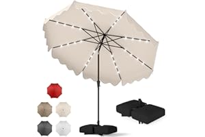 Tangkula 10 FT Solar Patio Umbrella with Base Included, 2-Tiers Outdoor Scalloped Table Umbrella with 32 LED Lights, 2 Sandba