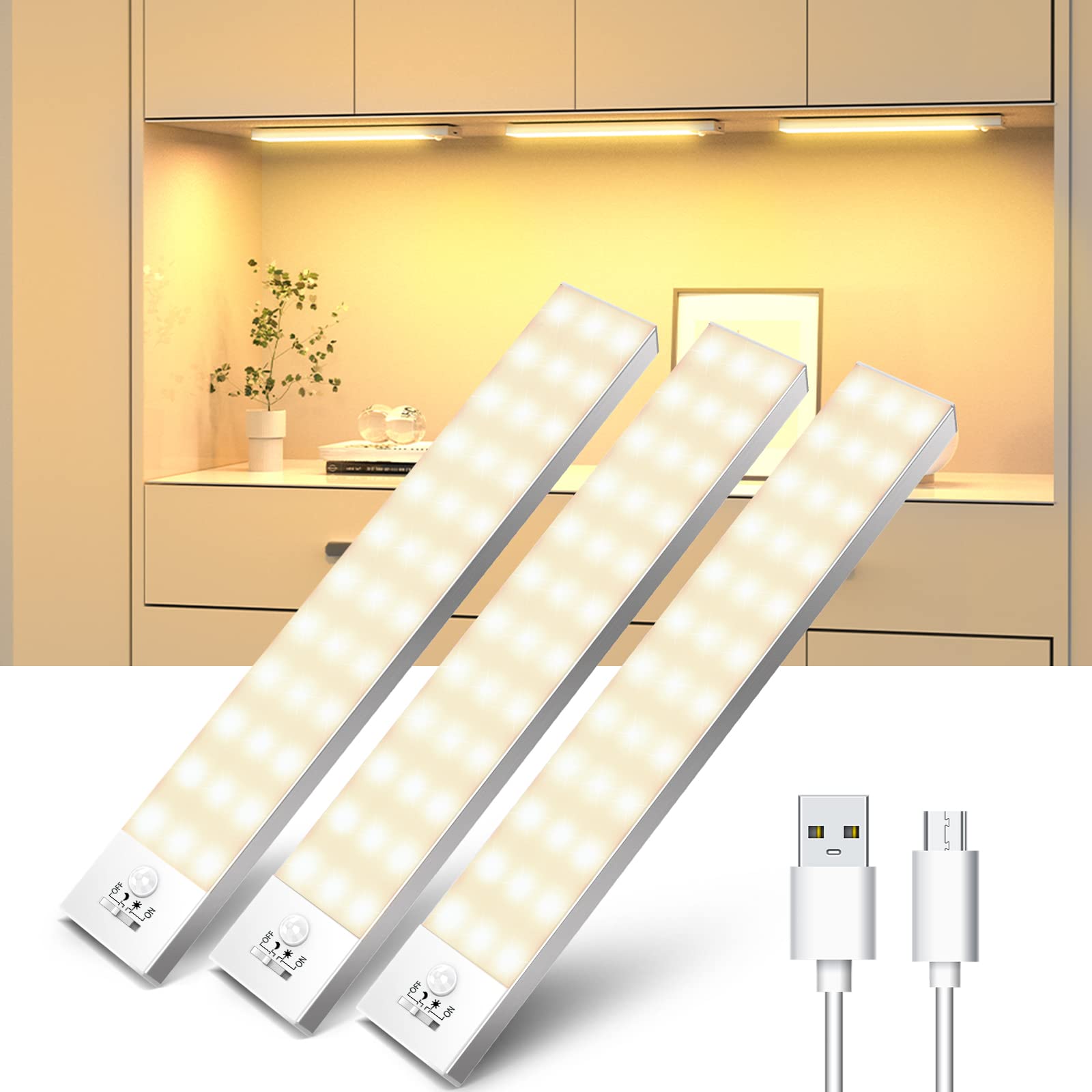 OUILA Motion Sensor Cabinet Light, 3000K USB Rechargeable 1000mAh Under Cabinet Lights Wireless Night Light 36LED Wardrobe Light for Stairs, Bedroom, Hallway, Kitchen, WC-3 Packs
