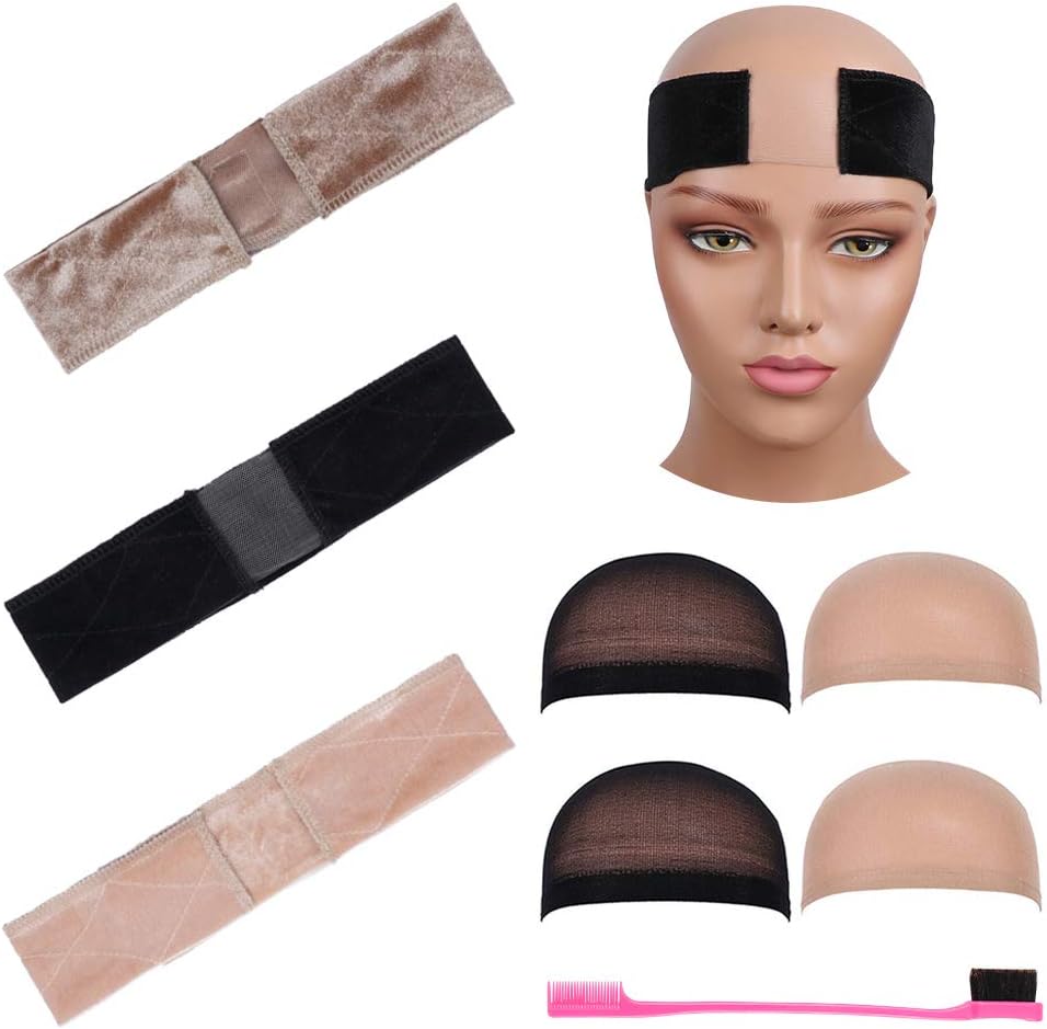 fani Lace Wig Grip Band Velvet Head Band Non Slip Hair Band Adjustable Extra Hold Wig Headband Fastern for Wig with 4 Pcs Hair Net Wig Cap, 1 Edges Contral Hair Brush