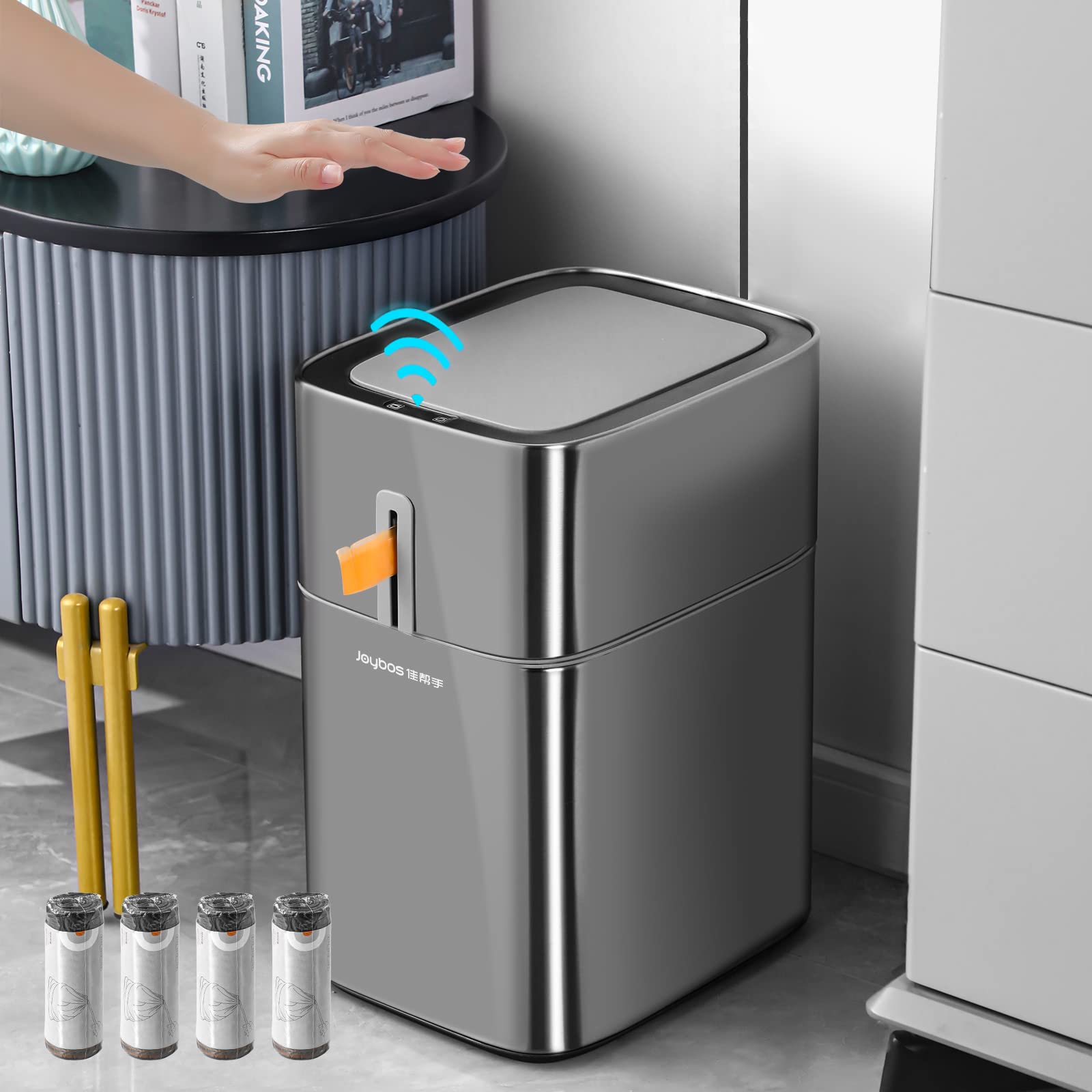 MOPUP Motion Sensor Bathroom Trash Cans | 4 Gallon Stainless Steel Automatic Privacy Garbage Can ...