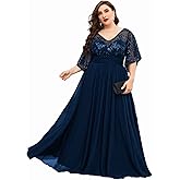 MIMIFINA Women's Plus Size V Neck Lace Sequin Embellished with Pleat Waist Contrast Chiffon Long Formal Evening Party Dress