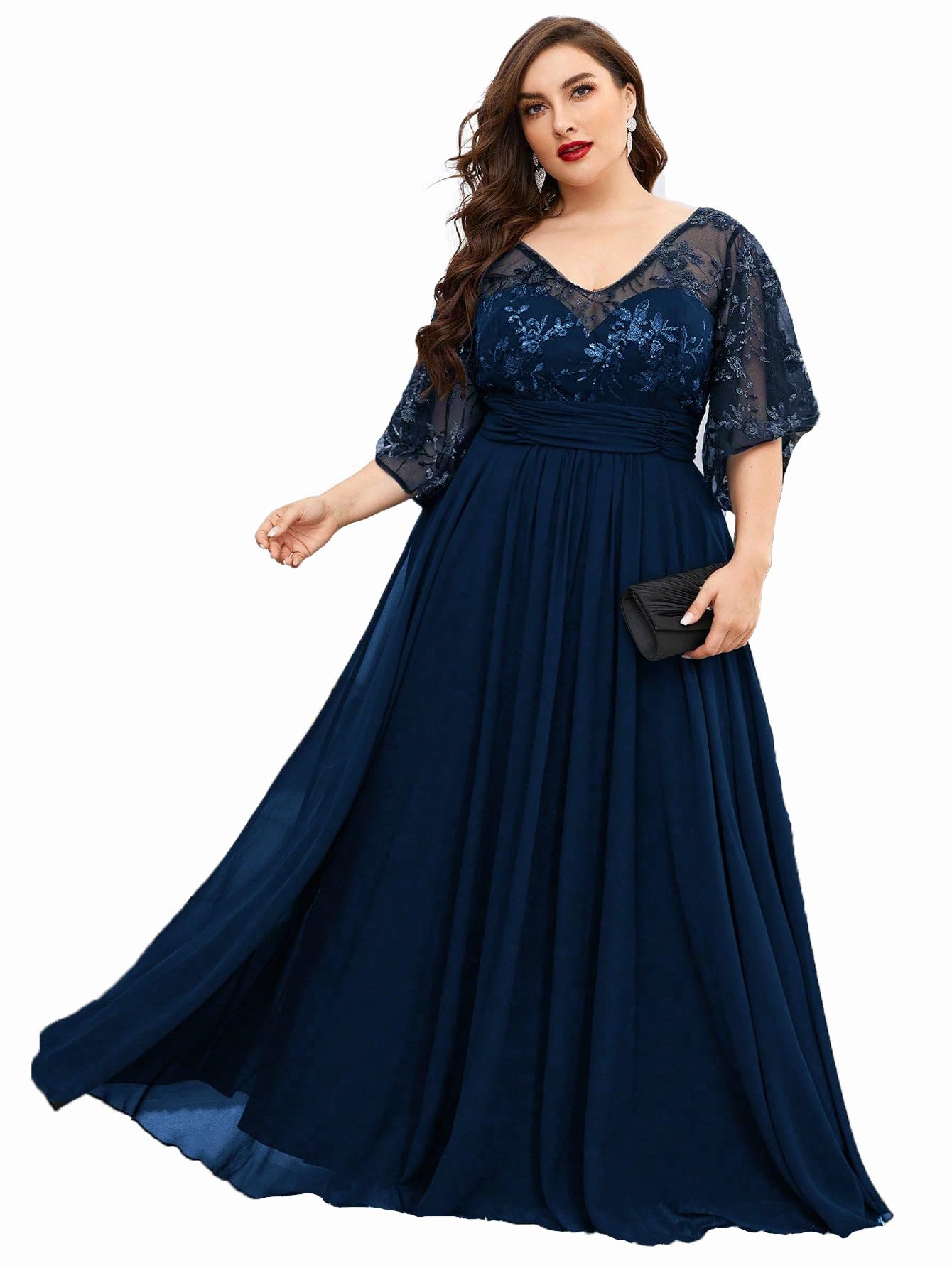 Photo 1 of MIMIFINA Women's Plus Size V Neck Lace Sequin Embellished with Pleat Waist Contrast Chiffon Long Formal Evening Party Dress A-Navy Blue