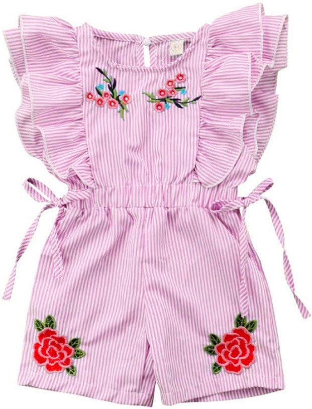 Toddler Baby Girls Romper Flower Embroidery One-Piece Stripe Ruffle Floral Bodysuits Jumpsuit Kid Summer Outfit Set