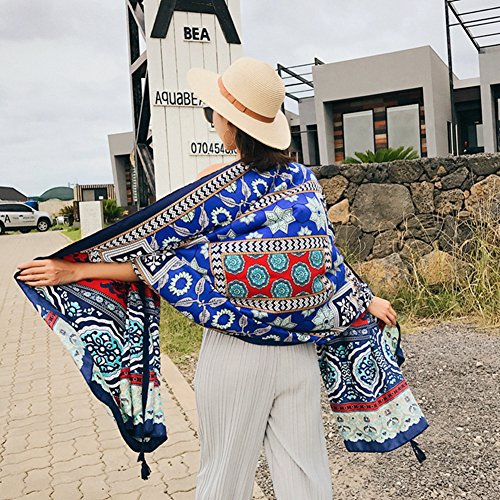 SUNBABY Women Boho Shawl Beach Towels Rectangle Polyester Scarf Travel Sarong Wrap Swimwear Cover Up Beach Mats (Blue Diamond Flower) - Thumbnail 5