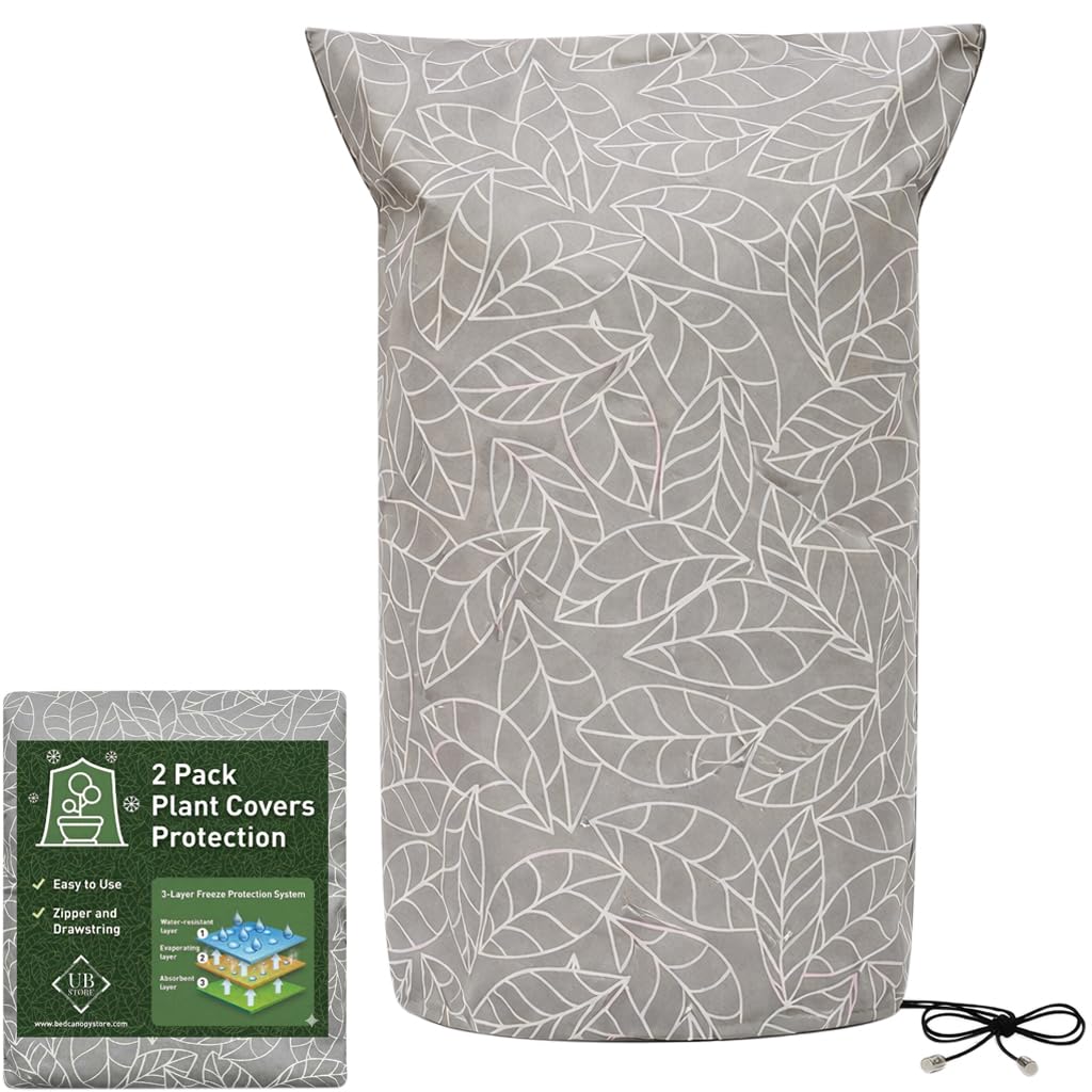 UB-STORE Plant Covers Freeze Protection 47"x71" in 2 Pack | Brown Winter Frost Blankets for Outdoor Plants | Reusable Garden Cover Bags with Zipper Drawstring | Cold Weather Shrub Protection Cloth