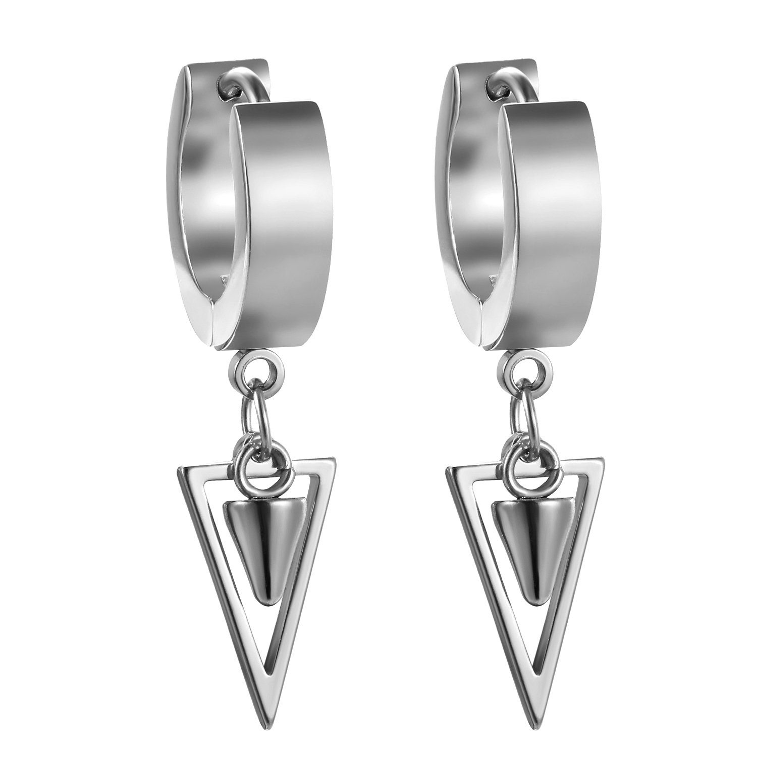 JewelryWe Unisex Huggie Hinged Hoop Earrings with Drop Geometric Triangle Rivet Dangling Earring for Men Women(Silver)