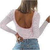 POHADON Women Sexy Backless Long Sleeve Striped Shirt Y2K Clothes Slim Fit Open Back Going Out Tees Trendy Crop Tops