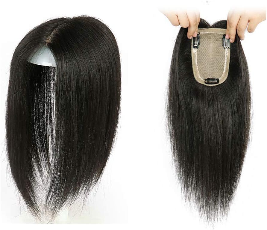 LEBIYOU 9cmx14cm Free Part Silky Straight 100% Real Human Hair Clip in Double Silk Top Base Toupee Hand Tied Invisable Hairpiece for Women with Thin Hair/White Hair Topper (20cm/7.87", Natural Black)
