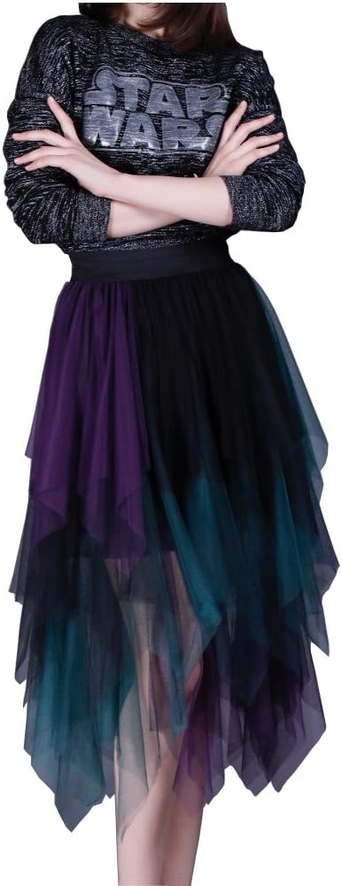EORISH Women's Elastic Waist Colorful Irregular Tulle Pleated Ball Skirt