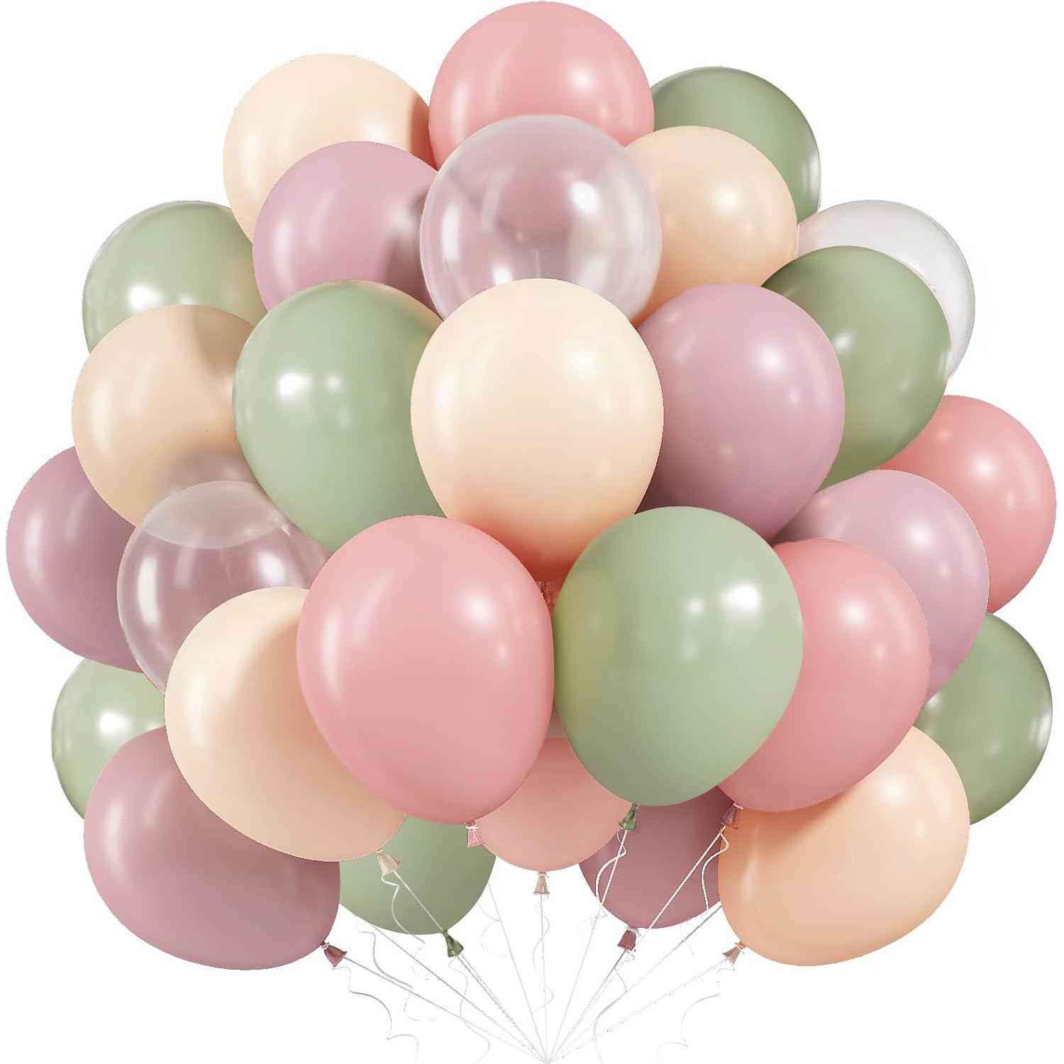Pink and Green Balloons, 60pcs Fog Green Pastel Pink Orange Balloons with Transparent Balloon, 12 Inch Pastel Balloons for Baby Shower Wedding Easter Jungle Safari Woodland Birthday Fairy Tea Party — image 1