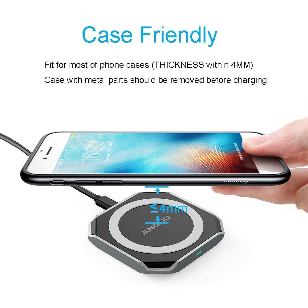 Anguo Wireless Charger, Qi Certified Fast Wireless Charger Charging Pad for iPhone X / 8/8 Plus, Samsung Galaxy S9, S9 Plus and All Qi-Enabled Device（NO AC Adapter）