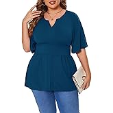 Beauhuty Women's Plus Size Shirts V Neck Loose Tops Ruffle Short Sleeve Blouse Casual Work Trendy Dressy Slit Hem Tunic