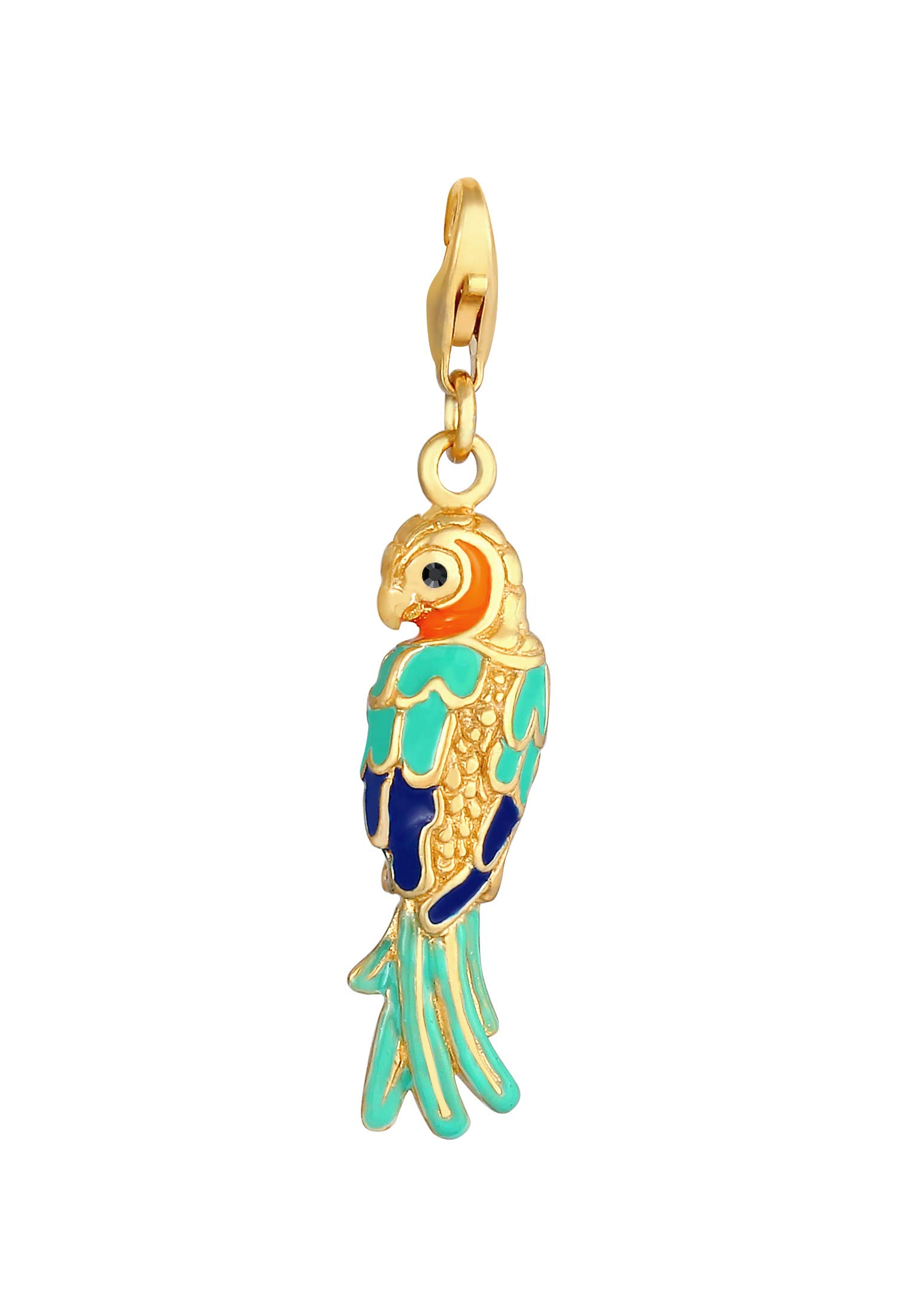 Parrot Charm Pendant 925 Sterling Silver Gold-Plated for Women and Girls, Bird Motif with Coloured Enamel and Crystals, Golden Charms Suitable for All Charm Systems
