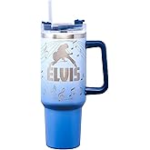 Spoontiques Etched Stainless Steel Travel Mug, 40oz - Double Wall Insulation, Sturdy Handle, Sliding Lock Travel Lid - Elvis