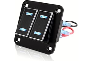 XHTECHNOLOGY Waterproof Rocker Switch Panel 2 Gang Aluminum Rocker Switch Panel 12V/24V On-Off 5 Pin Switch Panel Blue LED Light Pre-Wired Switch Panel for Marine Boat Automotive Car RV Truck Jeeps UTV Vehicles