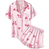 QZH.DUAO Girls Satin Pajamas Set Button Down Silk 2 Piece Pj Sets Ruffle Short Sleeve Sleepwear