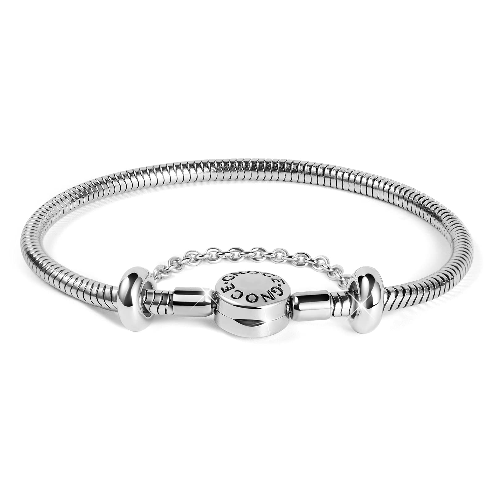 GNOCE Charm Bracelet Stainless Steel Snake Chain Metal Basic Charm Bracelet DIY Bangle with Round shaped Clasp (Stainless Steel, 19)