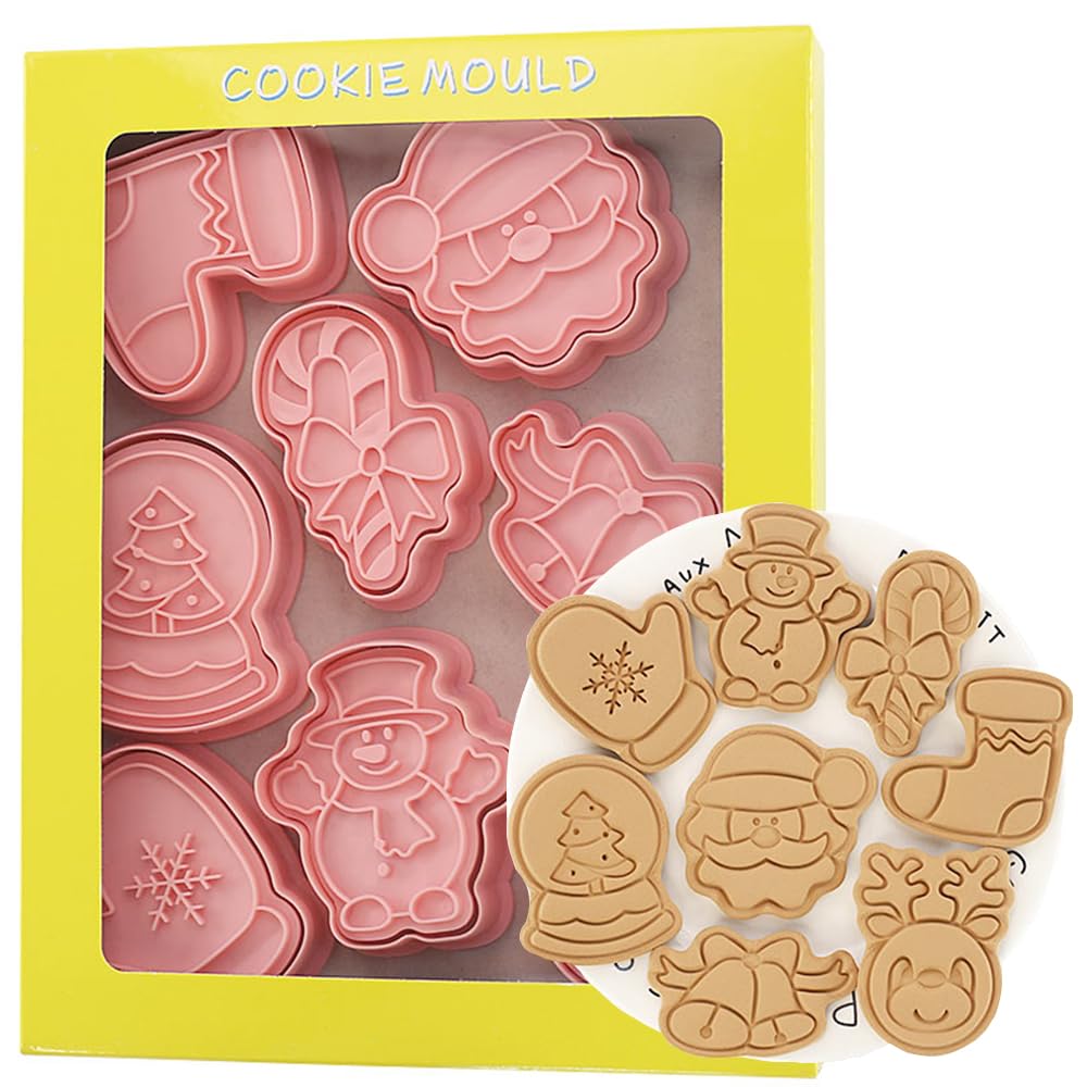 8 PCS Christmas Cookie Cutters Set 3D Plastic Christmas Cookie Stamps Biscuit Moulds Set for Christmas Party Decorations, B