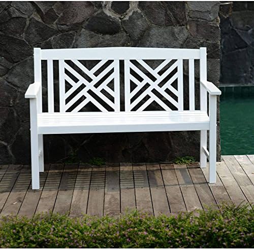 Wooden Outdoor Bench with Beautiful Backrest Lattice Design Solid Hardwood Construction Comfortable Contour Seating Weather Treated Wood Slats White Finish Patio Garden Furniture