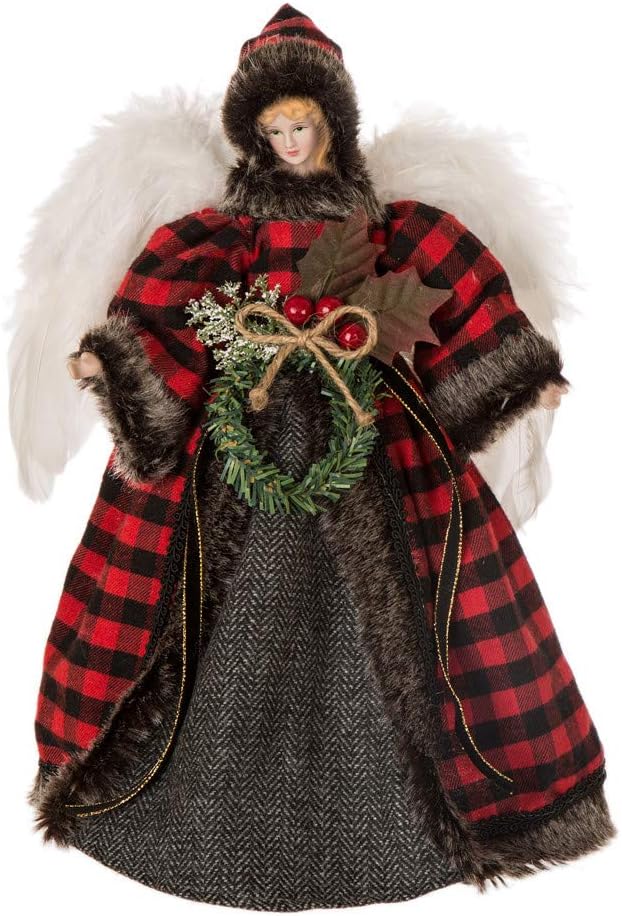 Tree Toppers - Glitzhome Handmade Plaid Angel Figurine Christmas Treetop Ornament Decoration 12