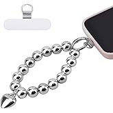 lasuroa Beaded Phone Wrist Strap, Fashion Silver Beads with Heart Charm Mobile Phone Chain Bracelet Anti-Drop Detachable Cellphone Lanyard Wristband with Metal Tether Tab for Women