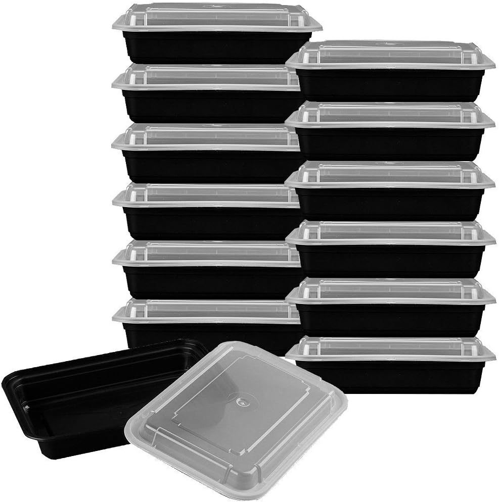 50-Pack Plastic Containers (24 oz.) - Black Rectangle tuna egg ccontainer with a lot of salad vegetable containers