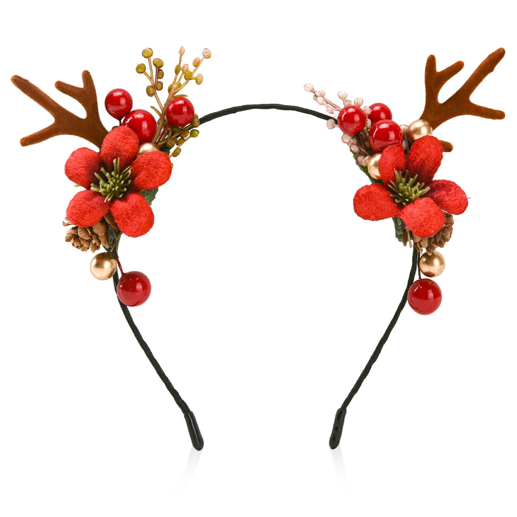 Christmas Headbands Xmas Deer Hair Hoop Cute Reindeer Antlers Headband Flower Mulberry Elk Headpiece Deer Horn Ears Headdress Decoration Holiday Costume Headwear Christmas Hair Accessory