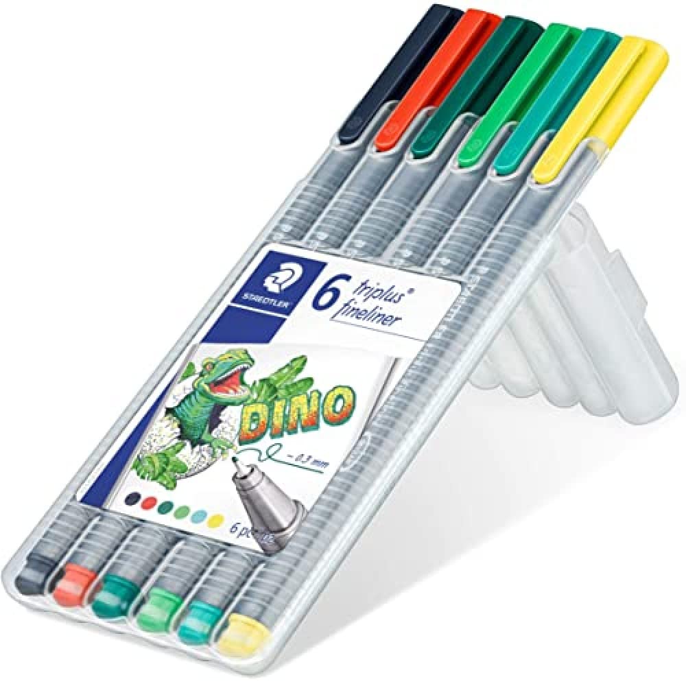 STAEDTLER 334 Triplus Fineliner Pens Triangular 0.3 mm, Pack of 6 - Dinosaur
