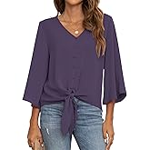 VIISHOW Women's Button V Neck Chiffon Tops 3/4 Bell Sleeve Tie Knot Casual Blouses Loose Summer Shirts