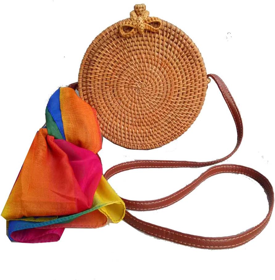 Zinuo Women's Handwoven Round Crossbody Bags Beach Summer Shoulder Straw Bag Medium Beige